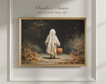 Vintage Halloween Ghost Kid Art Print, Autumn Trick-or-Treat Wall Decor, Spooky Pumpkin Seasonal Poster for Cozy Fall Home or Cute Nursery