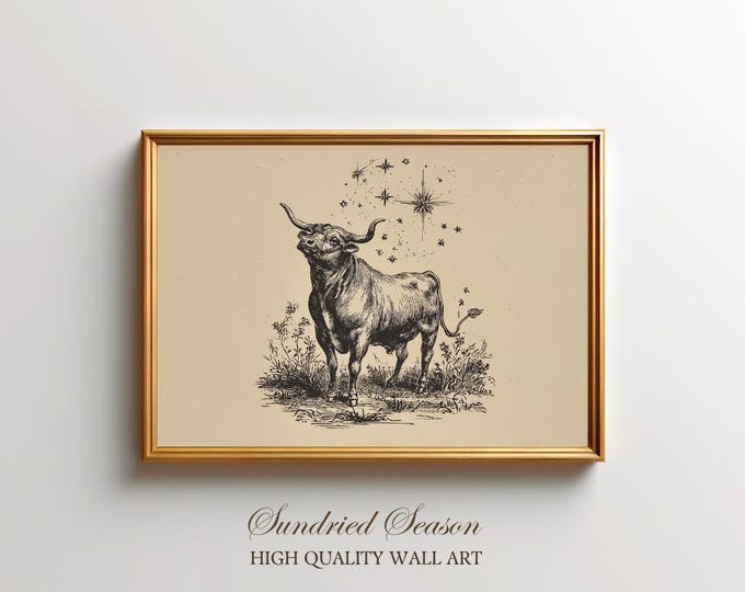 Vintage Taurus Zodiac Art Print, Celestial Bull Illustration with Stars, Mystical Astrology Wall Decor for Earthy Boho Home or Office Spaces