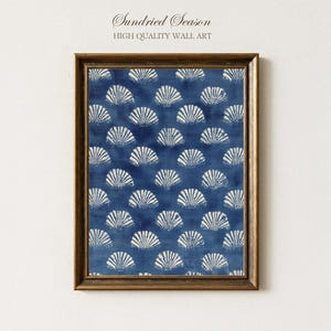 May include: A framed print with a repeating pattern of white seashell motifs on a dark blue backdrop. The artwork is set within a brown wooden frame. The text "Sundried Season" and "HIGH QUALITY WALL ART" are at the top.