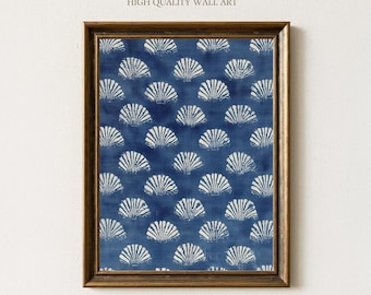 Blue Seashell Pattern Wall Art Print, Coastal Beach House Decor, Indigo Scallop Shell Poster for Bathroom, Bedroom or Nautical Entryway