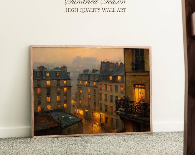 Paris Balcony View Art Print, Romantic Rainy Evening Painting of French Apartments, Warm European Cityscape Wall Decor for Bedroom or Office