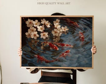 Koi Fisch und Kirschblüten Kunstdruck, Ruhige Japanische Wassermalerei Geschenkidee, Zen-Wanddekoration für Schlafzimmer, Büro, Spa oder Yoga-Raum