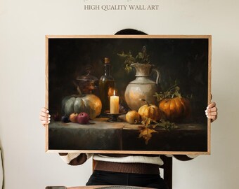 May include: A framed still life painting featuring a candle, pumpkins, a jug, and fruit. The artwork has a warm color palette with a dark background. The text "Sundried Season HIGH QUALITY WALL ART" is at the top.