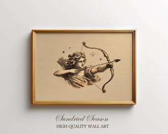 Sagittarius Zodiac Art Print, Surreal Boho Astrology Archer with Bow and Stars Illustration, Whimsigoth Celestial Decor for Bedroom Wall