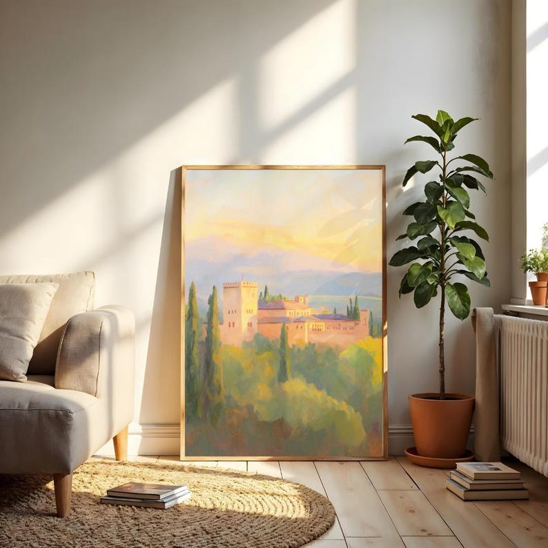 Alhambra Palace Sunset Art Print, Romantic Moorish Architecture Painting, Warm Granada Landscape Wall Decor for Living Room or Study image 3