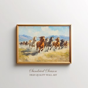 Wild Horses Running Art Print, Vintage Mustang Herd Galloping in Western Landscape Rustic Cowboy and Ranch Wall Decor Home, Office & Lodge