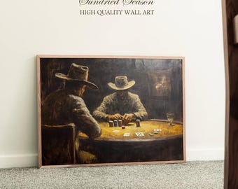 Vintage Western Poker Scene Art Print, Dramatic Cowboy Card Game Painting, Rustic Saloon Wall Decor for Bar, Office & Game Room