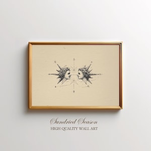 May include: A framed print with two stylized faces, each with a starburst crown, facing each other. The artwork is in black and white on a beige background, with a gold frame. The text "Sundried Season" and "HIGH QUALITY WALL ART" are at the bottom.
