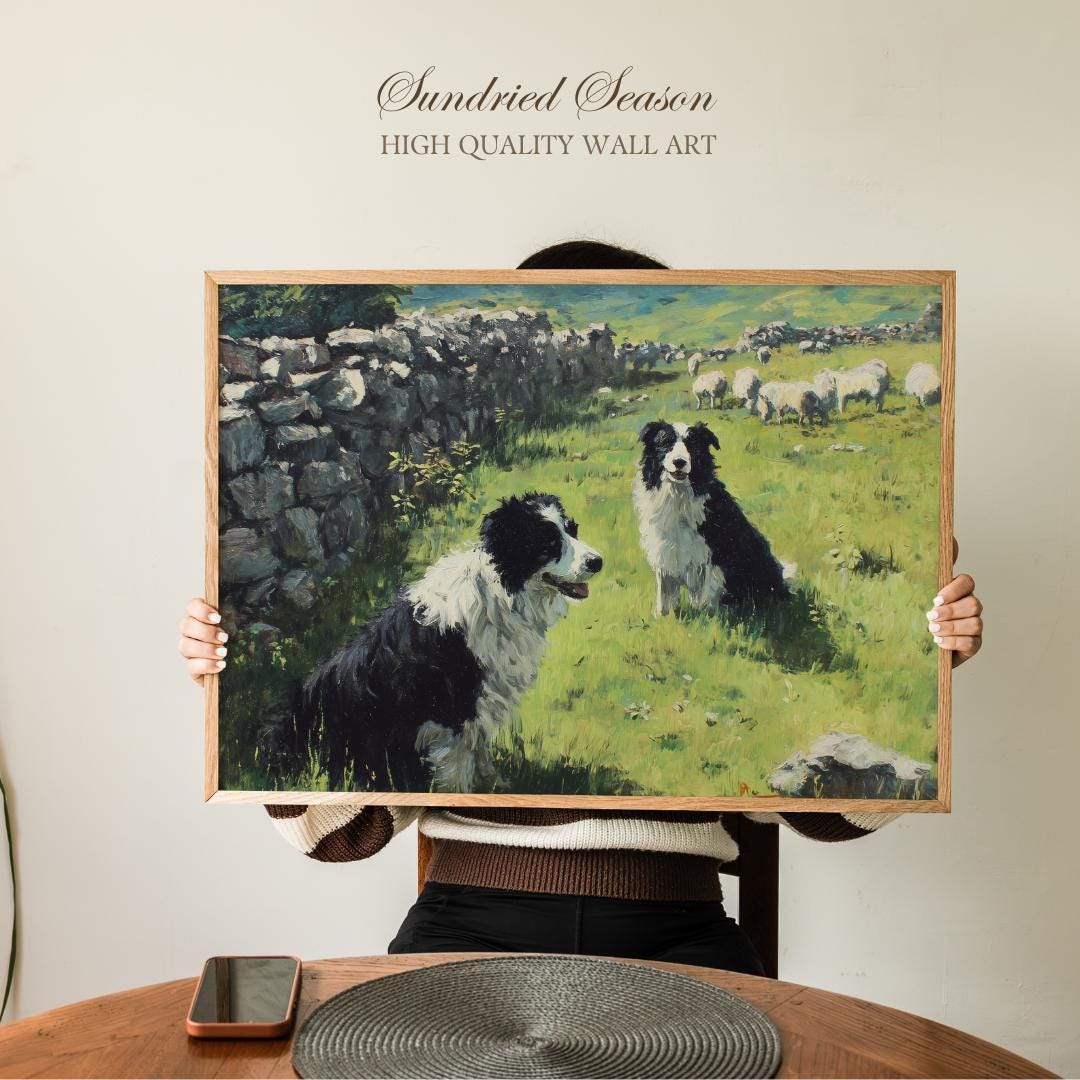 ボーダーコリーが羊を見守るアートプリント、素朴な農場の犬の絵画