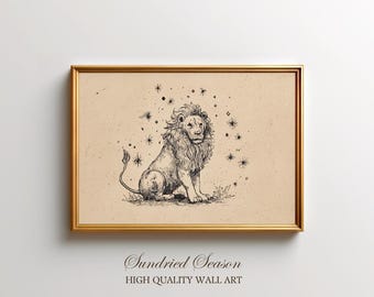 Leo Lion Art Print, Vintage Celestial Zodiac Sign Illustration, Astrological Star Sign Wall Decor for Bedroom, Office or Mystic Gallery Wall
