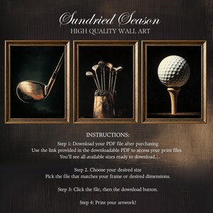 Op de afbeelding: Driedelig wandkunst met golfuitrusting. Het eerste paneel toont een golfclub, het tweede een set clubs in een houder en het derde een golfbal op een tee. Het kunstwerk is goudkleurig omlijst en tegen een donkere achtergrond. De tekst "Sundried Season" staat bovenaan.