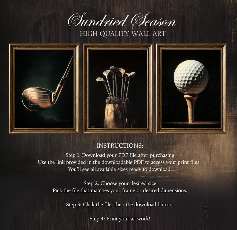 Op de afbeelding: Driedelig wandkunst met golfuitrusting. Het eerste paneel toont een golfclub, het tweede een set clubs in een houder en het derde een golfbal op een tee. Het kunstwerk is goudkleurig omlijst en tegen een donkere achtergrond. De tekst "Sundried Season" staat bovenaan.