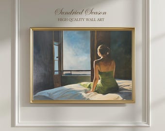 孤独な女性の絵画、雰囲気のある寝室のアート、ヴィンテージミッド 