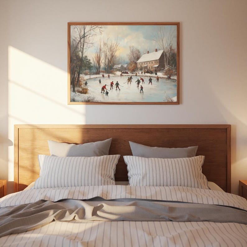 Vintage Winter Ice Skating Art, Nostalgic Holiday Art Print, Snowy Pond Hockey Painting, Cozy Christmas Wall Decor, Rustic Country Artwork image 6