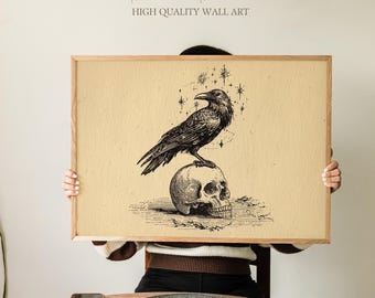 Raven on Skull Vintage Engraving Art Print, Gothic Occult Symbol