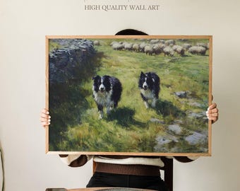 Border Collies Herding Sheep Art Print, Pastoral Farm Sheepdogs, Rustic Countryside Dog Wall Decor for Cottage, Cozy Barn or Living Room
