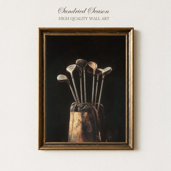 Vintage Golf Clubs Wall Art, Classic Golf Bag Art, Rustic Sports