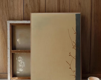 Minimalistisk botanisk abstrakt konsttryck, elegant beige och svart naturmålning, modern neutral väggdekor för vardagsrum och kontor