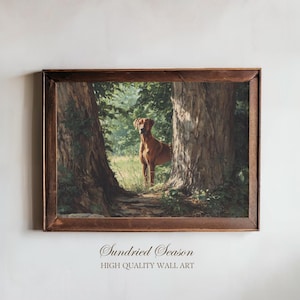 May include: A framed print depicting a brown dog in a forest setting. The artwork has a vintage style, with detailed trees and greenery. The frame is dark brown, and the text "Sundried Season" and "HIGH QUALITY WALL ART" are at the bottom of the image.