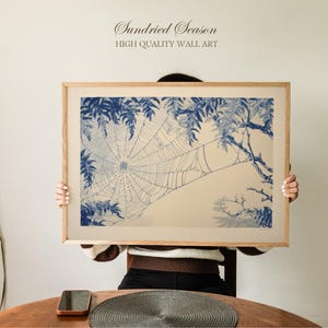 Spider Web Art Print, Orb Web Geometry Framed by Evergreen Branches and Forest Canopy, Vintage Natural History Illustration