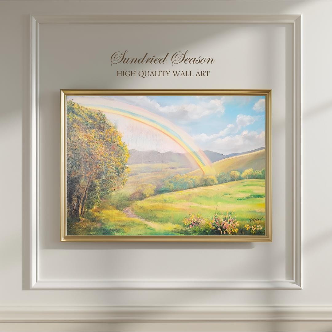 なだらかな丘の上の虹のアートプリント、穏やかな風景画、平和な自然の