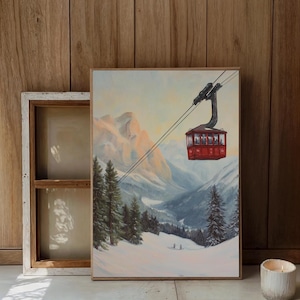 Skigebied kabelbaan kunst aan de muur, Alpine Mountain Snow Scene, winter avontuur schilderij, gondel print, gezellige lodge decor, vintage snowboarden