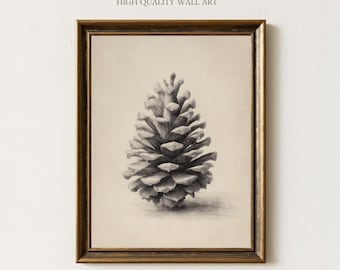 Może przedstawiać: Oprawiony czarno-biały rysunek ołówkiem szyszki. Grafika znajduje się w brązowej drewnianej ramie i zawiera tekst "Sundried Season HIGH QUALITY WALL ART". Szyszka jest szczegółowa z widocznymi łuskami i cieniami, tworząc realistyczny efekt.