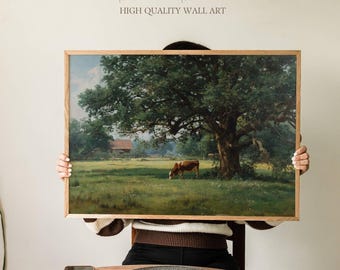 Peaceful Countryside Cow Pasture Art Print, Rustic Farm Landscape with Oak Tree & Barn, Rural Wall Decor for Kitchen, Office or Living Room