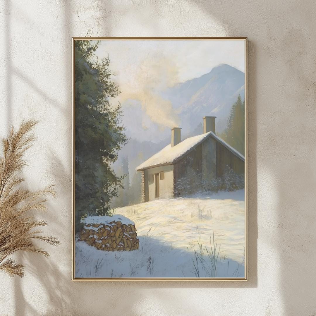 Cozy Winter Cabin in Snow Art Print, Rustic Mountain Lodge Painting ...