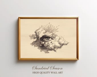 All Seeing Eye in Clouds Vintage Engraving Art Print, Mystical Occult Symbolic Poster, Esoteric Wall Decor for Celestial Meditation Room