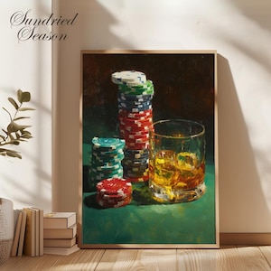 Whiskey and Poker Chips Art Print, Luxurious Casino Scene Painting, Card Table Decor for Game Room, Bar, Lounge, Den or Gentleman’s Office