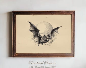 Vintage Bat Illustration Art Print, Gothic Wildlife Animal Drawing with Full Moon, Dark Academia Wall Decor for Halloween or Home Library
