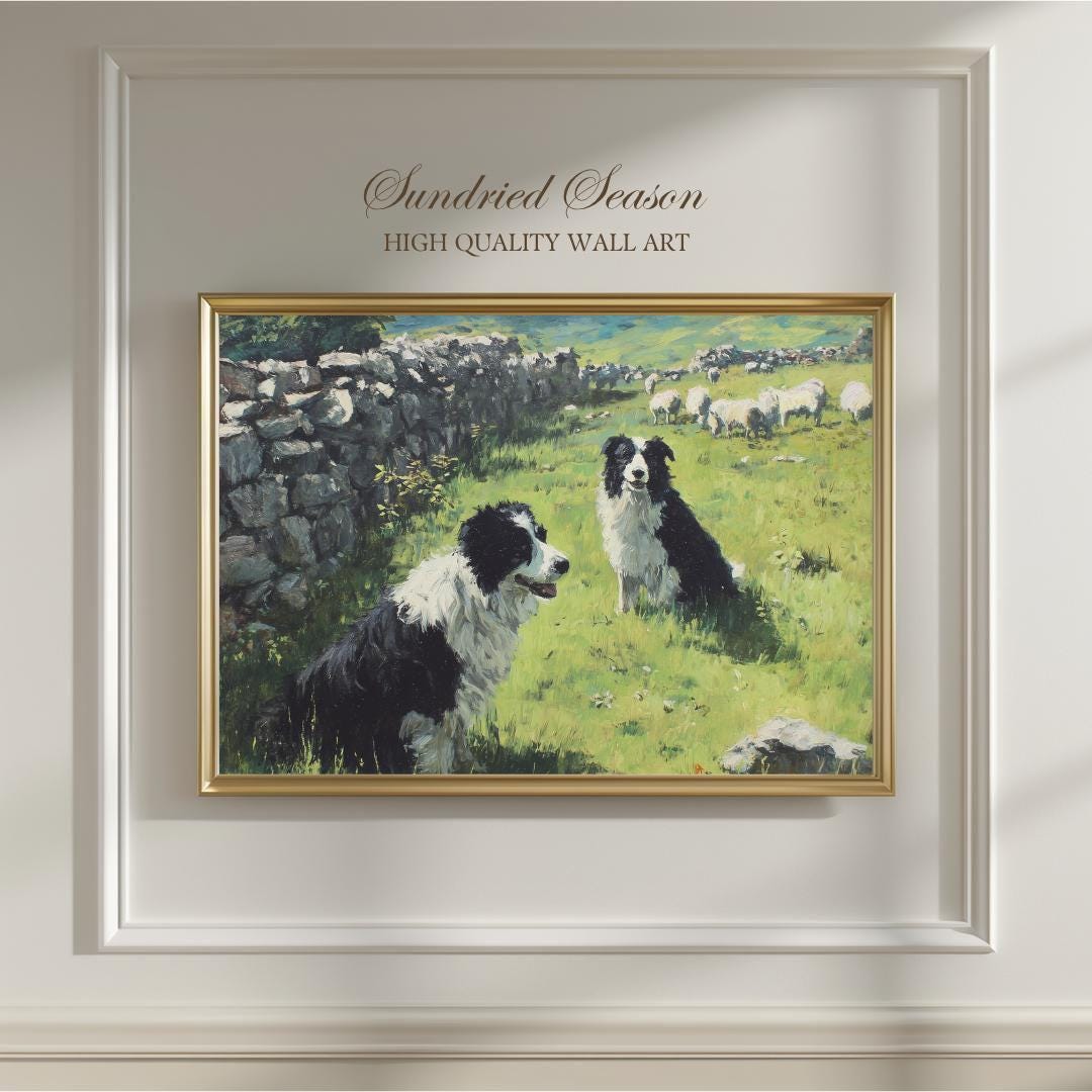 Border Collies Watching Sheep Art Print, Rustic Farm Dog Painting
