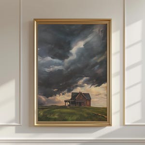 Stormy Sky Farmhouse Painting, Dramatic Rural Landscape Wall Art, Dark Moody Clouds Over Home, Atmospheric Country Decor for Living Room