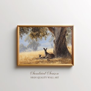 Australian Kangaroos Under Eucalyptus Tree Art Print, Tranquil Outback Wildlife Painting, Rustic Nature Wall Decor for Animal Lovers or Home