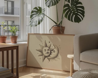 Vintage Sun and Moon Kiss Art Print, Romantic Celestial Lovers Illustration, Whimsical Night Sky Astrology Decor for Bedroom or Nursery Gift