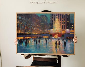 New York City Christmas Wall Art Print, Rockefeller Center Ice Skating Scene, Festive Holiday Lights Decor for Home or Entryway