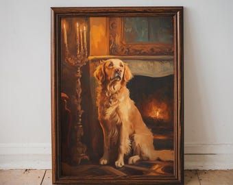 Op de afbeelding: Een ingelijst olieverfschilderij van een golden retriever voor een open haard. De hond heeft lichtbruin haar en kijkt omhoog. Links staat een kandelaar met brandende kaarsen. De lijst is donkerbruin.
