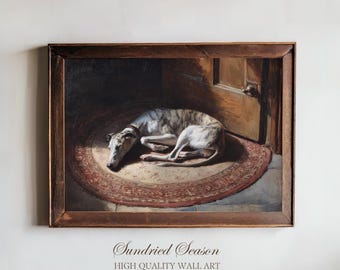 Lámina artística de un whippet durmiendo sobre una alfombra vintage, elegante decoración de pared con imágenes de mascotas, pintura de animales que transmite paz para una acogedora sala de estar o el hogar de un amante de los perros de estilo clásico.