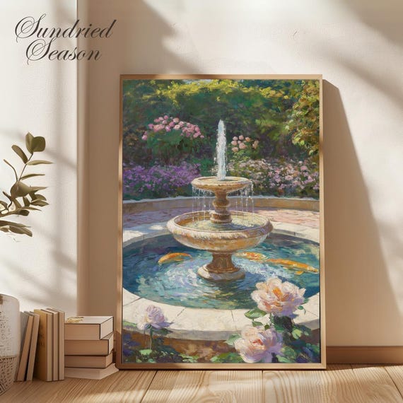Romantic Garden Fountain Poster, Traditional Floral Wall Art, Koi