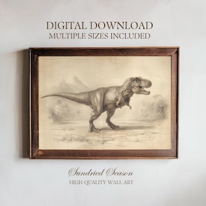 Descarga digital vintage de T-Rex, ilustración imprimible de dinosaurio antiguo, decoración de pared prehistórica de historia natural para oficina.