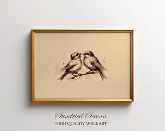 Vintage Lovebirds Wall Art Print, Antique Ink Bird Pair and Romantic Celestial Stars, Whimsical Cottagecore Bedroom Wall Art Decor