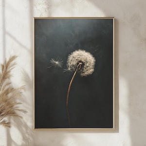 Arte de parede de dente-de-leão temperamental, impressão botânica de sementes flutuantes, pôster floral minimalista, decoração elegante da natureza, arte de fundo escuro tranquilo