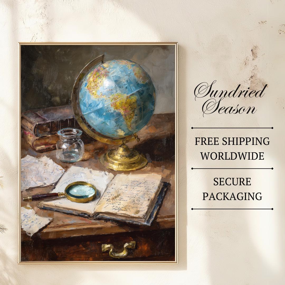 旧世界の勉強机のアートプリント、地球儀と虫眼鏡の絵画、知的な探検家