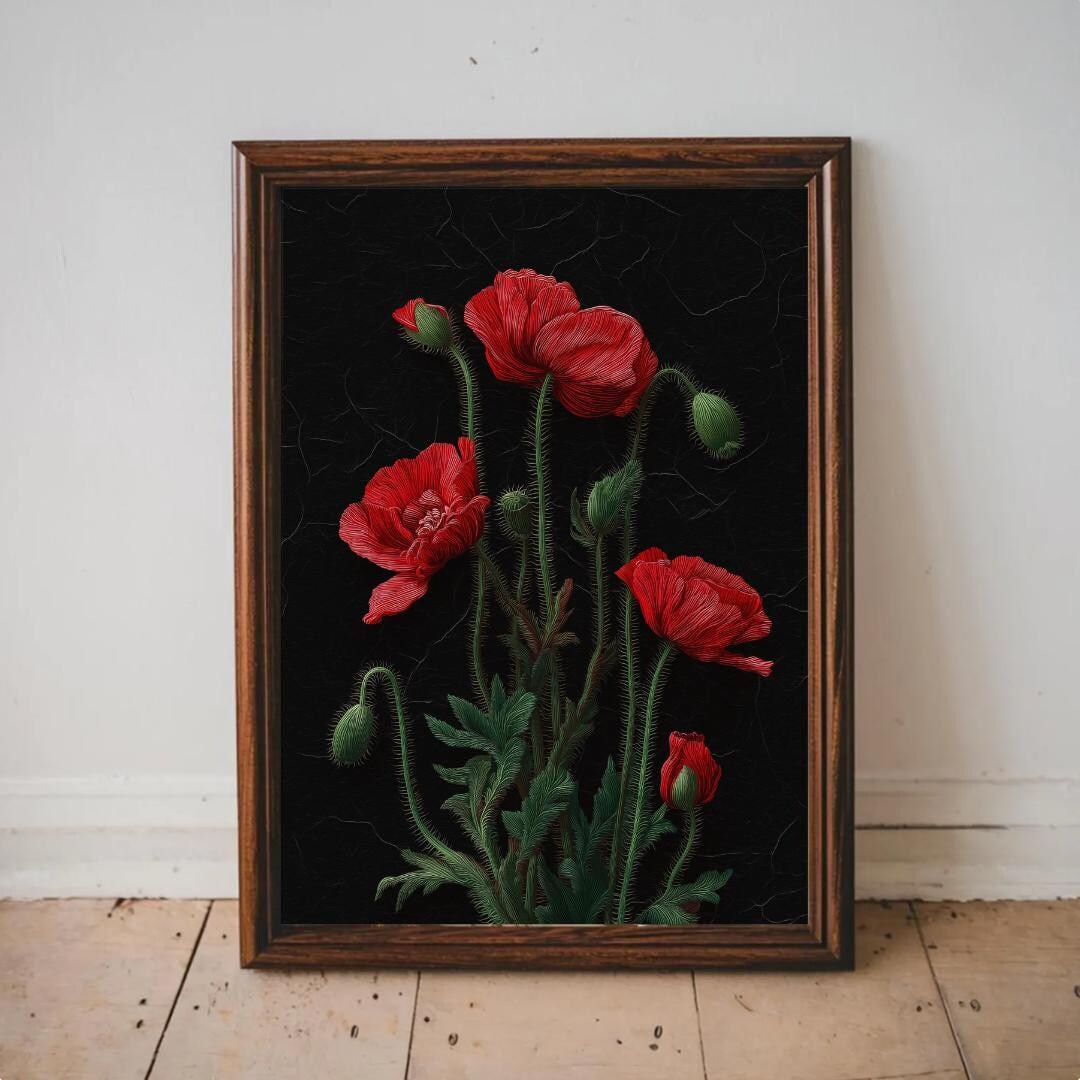 Dark Botanical Red Poppy Art Print, Vintage Floral Illustration, Bold ...