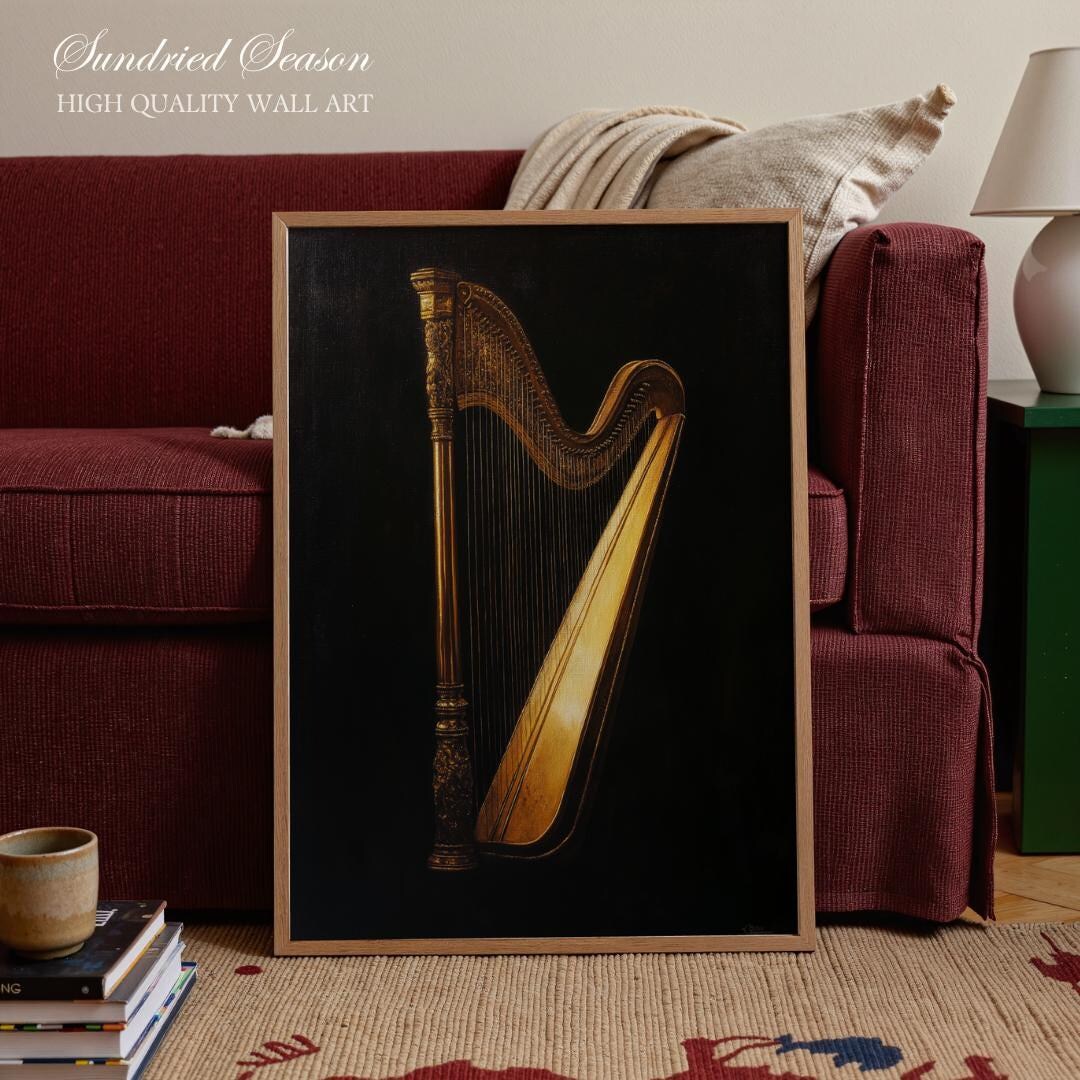 Vintage Harp Wall Art Print, Musical Instrument Painting, Dark