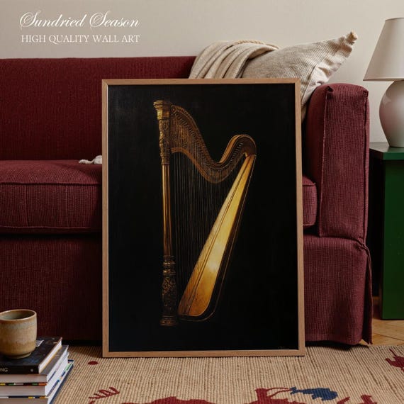 Vintage Harp Wall Art Print, Musical Instrument Painting, Dark
