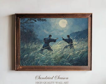 Vintage Karate Fight Moonlight Print, Martial Arts Battle Poster, Warrior Training Samurai Spirit Wall Art, Karate Dojo Zen Combat Decor