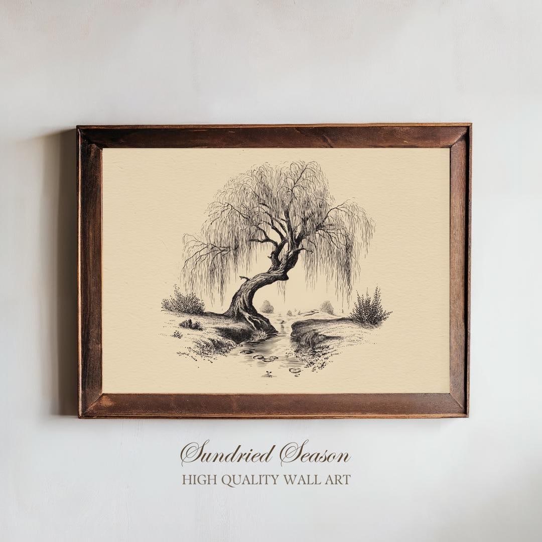 Weeping Willow Tree Vintage Art Print, Melancholic Riverbank