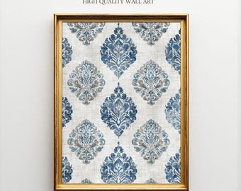 Vintage Blue Damask Wall Art Print, French Country Pattern Poster, Neutral Beige and Gray Decor for Bedroom, Bathroom or Entryway